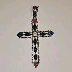 Vintage Large Multi Gem 925 Silver Cross Pendant Charm